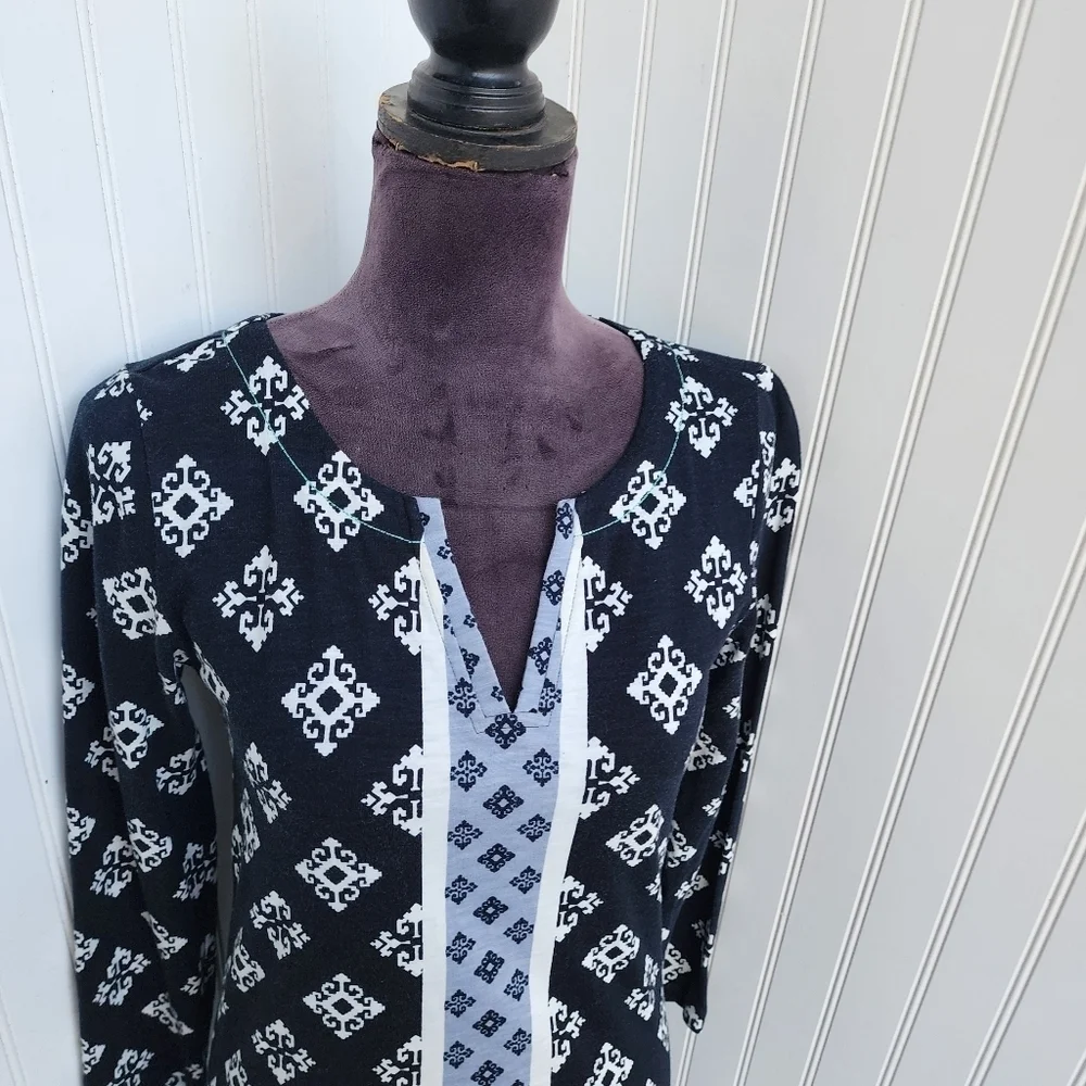 HATLEY Black Blue White Stamp Knee Length Sheath Dress Country Club Preppy Sz S